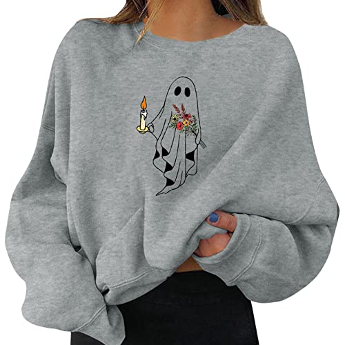 YUE Halloween Pullover Damen Oversized Sweatshirt lustig und Kürbis Pullover Langarm lässig lose Fit Shirt Tops Herbst Vintage Sweat Pulli Langshirt Party Pulli Tops (Grey, S) von YUE