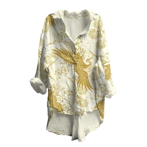 YUE Leinenbluse Damen Langarm Musselin Bluse Oversized Revers T Shirts Leinenbluse Blusenkleid Leinen Elegant Longbluse Langarm Revers Hemdbluse Aus Baumwolle Leinen Tunika Tops (Yellow, XXXXL) von YUE