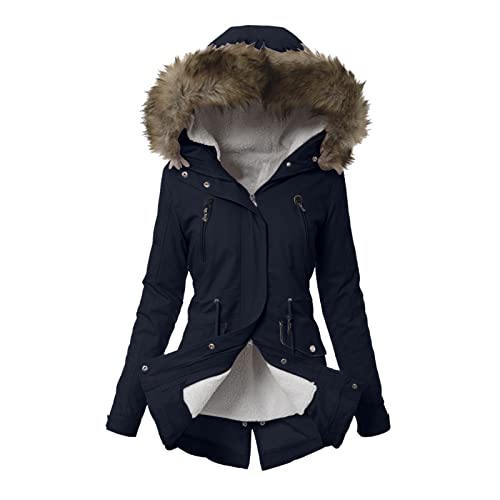 YUE Winterjacke Damen Warm Gefüttert Winddicht Jacke Casual Fleecejacke Kapuzenjacke Dünne Übergangsjacke Steppjacke mit Taschen Warm Mantel Große Größen Outdoorjacke Damenjacke (Navy, L) von YUE