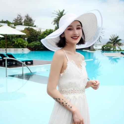 YUECIBAI Bucket Hat Hut Damen Herren Weißer Sonnenhut Oversized Strandhut Damen Strohhut Sonnenschirm Meer Urlaub Spitze Krempe Weiß von YUECIBAI