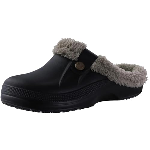 YUECIBAI Hausschuhe Pantoffeln Damen Herren Hausschuhe Herren Wasserdicht Gartens Chuhe Heim Clogs Weiche Plüsch Hausschuhe Schlafzimmer Fuzzy Schuhe Indoor Outdoor 39-40(9 4-9 6 Zoll) Black Khaki von YUECIBAI