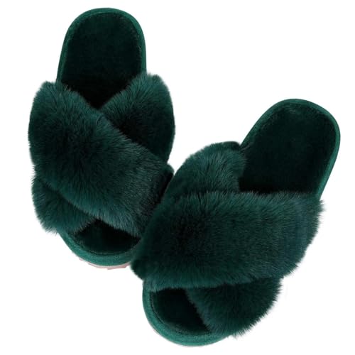 YUECIBAI Hausschuhe Pantoffeln Damen Herren Mode Hausschuhe Für Frauen Weiche Unterseite Flip Flops Indoor Home Fluffy Kurze Plüsch Fuzzy Dias 40-41(9.6-9.8Inch) Dunkelgrün von YUECIBAI