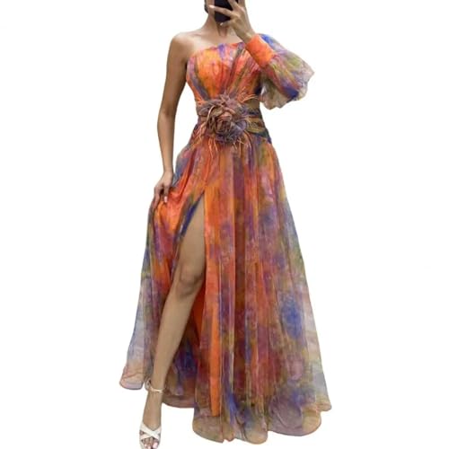 YUECIBAI Hübsche Kleid Kleider Dress Elegantes Frauen Abendkleid Mit Einer Schulter Geschichteter Krawatten Farbe Blumen Druck Rose Mesh Split Hem Ballkleid Kleid M Orange von YUECIBAI