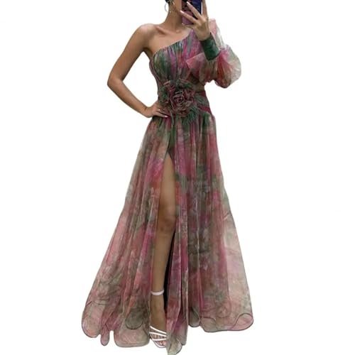 YUECIBAI Hübsche Kleid Kleider Dress Elegantes Frauen Abendkleid Mit Einer Schulter Geschichteter Krawatten Farbe Blumen Druck Rose Mesh Split Hem Ballkleid Kleid M Rot von YUECIBAI