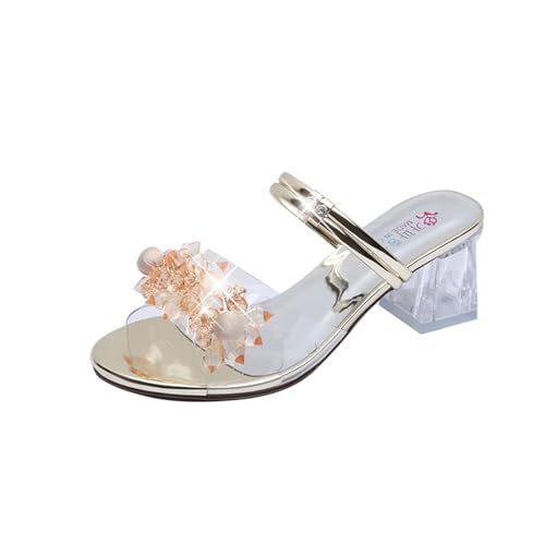 YUECIBAI Pantoletten Zehentrenner Hochhackige Sandalen Frauen Strass Blumen Klar Riemen Klobige Schuhe Hausschuhe Slides Transparente Quadratische Absätze 39 Gold von YUECIBAI