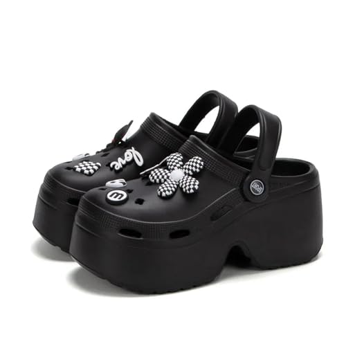 YUECIBAI Pantoletten Zehentrenner Mode Plattform Clogs Sandalen Damen Dicke Sohle Keil Hausschuhe Frau Geschlossen Zehe Rutsch Fest Outdoor 35-36 Schwarz von YUECIBAI