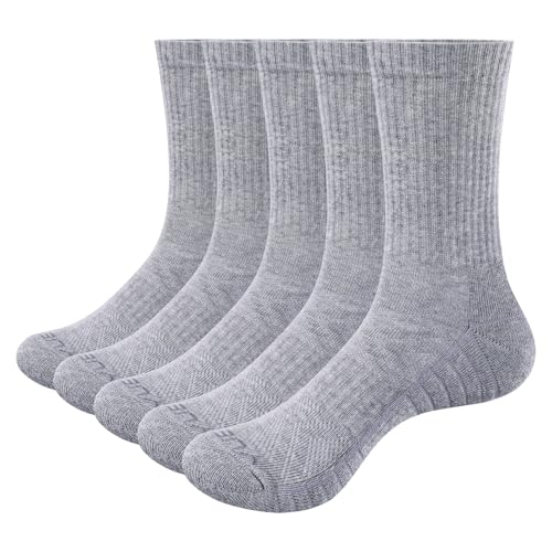 YUEDGE 5 Paar Sportsocken Damen Tennissocken Atmungsaktiv Gekämmte Baumwolle Hochleistung Gepolstert Anti Schweiß Arbeitssocken Crew Socks 39-42 Hellgrau von YUEDGE