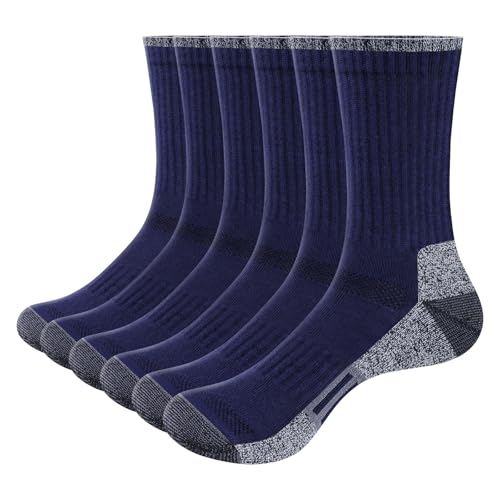 YUEDGE 6 Paar Herren Sportsocken Blau, Gekämmte Baumwolle Gepolsterte Tennissocken 43-46, Robuste Atmungsaktive Arbeitssocken Crew Socken mit Frotteesohle von YUEDGE