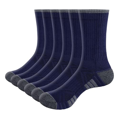 YUEDGE Blau gepolsterte Herren-Sportsocken feuchtigkeitsableitend atmungsaktiv athletisch lässig Training Baumwolle Crew Arbeitssocken für Herren Größe 41-45, 6 Paar von YUEDGE