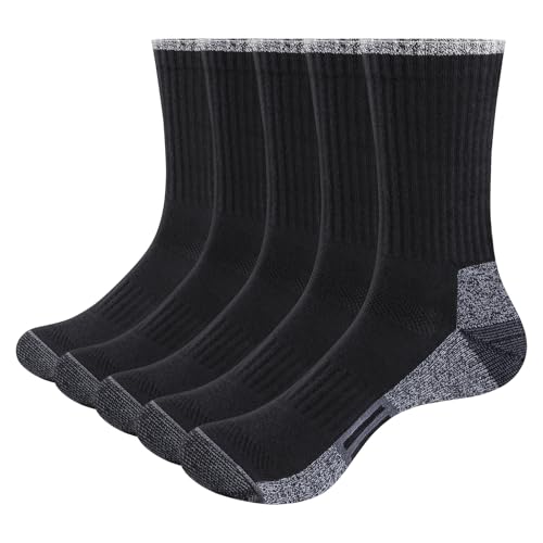 YUEDGE Herren Feuchtigkeitstransport Gepolstert Schwarz Baumwolle Crew Training Wandern Gehen Sport Socken Anti Schweiß Anti Geruch Casual Alltag Arbeit Socken Für Männer Größe 41-45 EU, 5 Paare von YUEDGE