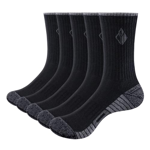 YUEDGE Herren Socken 43-46 Schwarz, 5 Paar Gekämmte Baumwolle Gepolsterte Tennissocken, Hohe Sportsocken Wandersocken Arbeitssocken mit Frotteesohle von YUEDGE