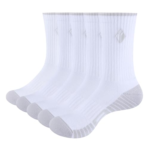 YUEDGE Herren Socken 43-46 Weiß, 5 Paar Gekämmte Baumwolle Gepolsterte Tennissocken, Hohe Sportsocken Wandersocken Arbeitssocken mit Frotteesohle von YUEDGE