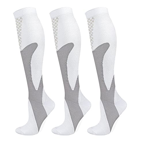 YUEDGE Kompressionsstrümpfe Herren und Damen, Kompressionssocken Stützstrümpfe (15-20 mmHg) Weiße Compression Socks Laufstrümpfe Kompression für Sport, Laufen, Reisen, Radsport, Flug, 3 Paar von YUEDGE