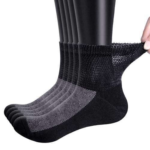 YUEDGE Schwarz Bambus Diabetikersocken für Männer und Frauen Größe 41-45 EU, gepolsterte Sohle Weite Oberseite Viertel Unverbindliche Socken 5 Paar von YUEDGE