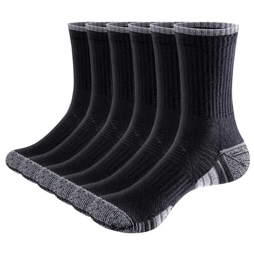 YUEDGE Schwarze gepolsterte Herren-Socken Baumwolle Crew-Socken, feuchtigkeitsableitend, atmungsaktiv, athletisch, lässig, Training, Arbeitssocken für Herren, Größe 37-42, 6 Paar von YUEDGE