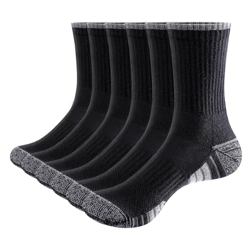 YUEDGE Schwarze gepolsterte Herren-Socken Baumwolle Crew-Socken, feuchtigkeitsableitend, atmungsaktiv, athletisch, lässig, Training, Arbeitssocken für Herren, Größe 45-47, 6 Paar von YUEDGE