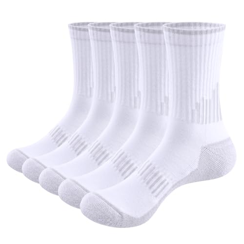 YUEDGE Sportsocken Herren Arbeitssocken Anti-Blasen Weich Gepolstert Wandersocken Baumwolle Atmungsaktiv Laufsocken Tennissocken für Männer 35-38/39-42 Weiß 5 Paar von YUEDGE