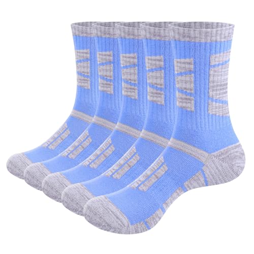 YUEDGE Tennissocken Damen 36-41, 5 Paar Sportsocken Wandersocken Atmungsaktive Baumwollsocken Gepolsterte Anti-Blasen Baumwoll Crew Socks, Blau von YUEDGE