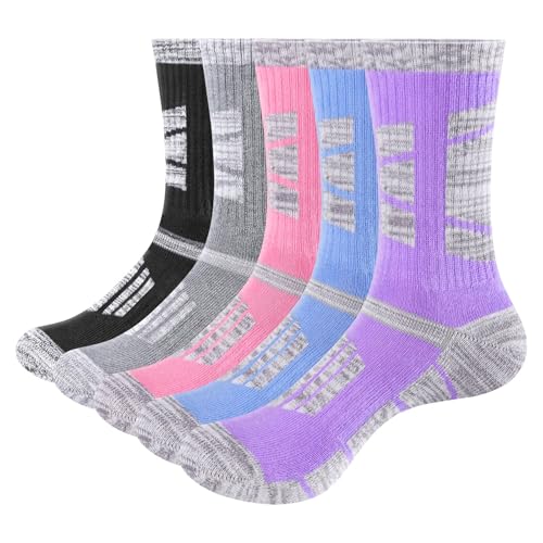 YUEDGE Tennissocken Damen 40-45, 5 Paar Sportsocken Wandersocken Atmungsaktive Baumwollsocken Gepolsterte Anti-Blasen Baumwoll Crew Socks, Mehrfarbig von YUEDGE