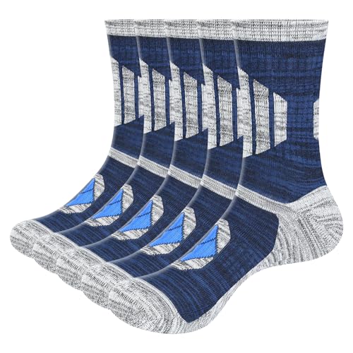 YUEDGE Wandersocken Herren 40-45, 5 Paar Trekkingsocken Crew Sportsocken mit Polsterung Anti-Blasen Atmungsaktiv Baumwolle Arbeitssocken mit Frotteesohle, Blau von YUEDGE