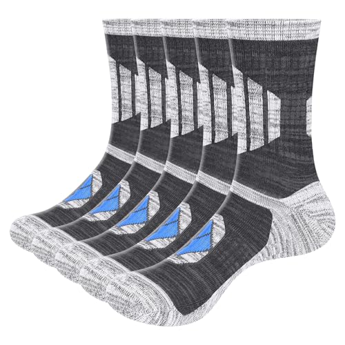 YUEDGE Wandersocken Herren 40-45, 5 Paar Trekkingsocken Crew Sportsocken mit Polsterung Anti-Blasen Atmungsaktiv Baumwolle Arbeitssocken mit Frotteesohle, Grau von YUEDGE