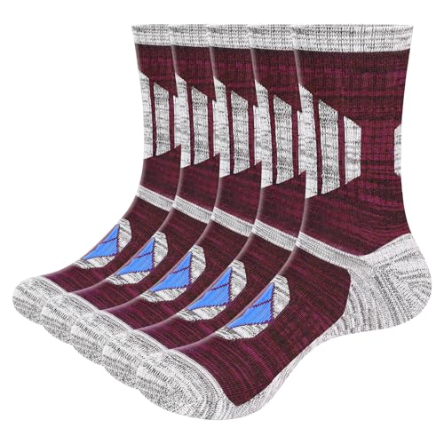 YUEDGE Wandersocken Herren 40-45, 5 Paar Trekkingsocken Crew Sportsocken mit Polsterung Anti-Blasen Atmungsaktiv Baumwolle Arbeitssocken mit Frotteesohle, Rot von YUEDGE