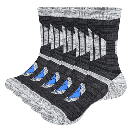 YUEDGE Wandersocken Herren 40-45, 5 Paar Trekkingsocken Crew Sportsocken mit Polsterung Anti-Blasen Atmungsaktiv Baumwolle Arbeitssocken mit Frotteesohle, Schwarz von YUEDGE