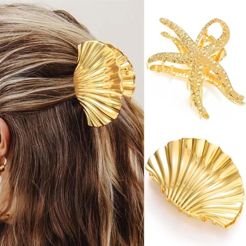 YUEELI 2er-Set Muschel-Haarklammern aus Metall in Gold | Seestern & Muschel-Design | Modische Haarspangen für Frauen & Mädchen | Haargriffe mit Muschel- und Seesternform YUEELI 2er-Set Muschel-Haarklammern aus Metall in Gold | Seestern & Muschel-Design | Modische Haarspangen für Frauen & Mädchen | Haargriffe mit Muschel- und Seesternform von YUEELI