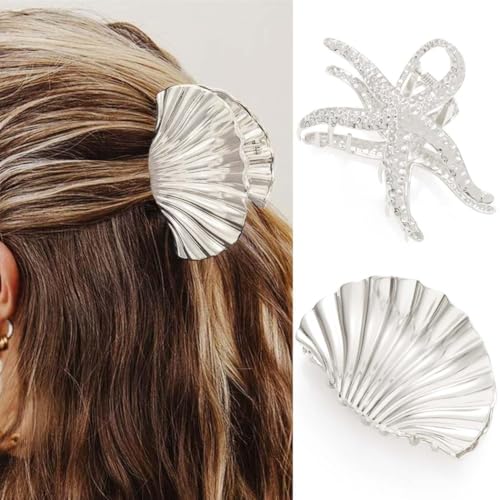 YUEELI 2er-Set Muschel-Haarklammern aus Metall in Silber | Seestern & Muschel-Design | Modische Haarspangen für Frauen & Mädchen | Haargriffe mit Muschel- und Seesternform YUEELI 2er-Set Muschel-Haarklammern aus Metall in Silber | Seestern & Muschel-Design | Modische Haarspangen für Frauen & Mädchen | Haargriffe mit Muschel- und Seesternform von YUEELI