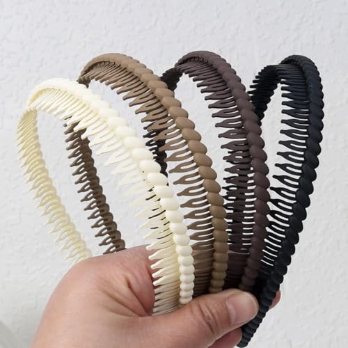 YUEELI Flexible Kunststoff-Stirnbänder mit Zahnkamm, rutschfestes Stirnband für Damen, Schwarz, Weiß, Braun, Khaki, 4 Stück von YUEELI