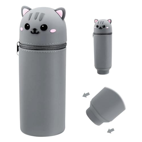 YUEIODDKL Kawaii Federmäppchen Weiche Silikontasche, Stand up Federmäppchen 2 in 1 Schlampermäppchen Teleskopisch Mäppchen Cartoon Bleistifthalter für Mädchen und Jungen (Kätzchen) von YUEIODDKL