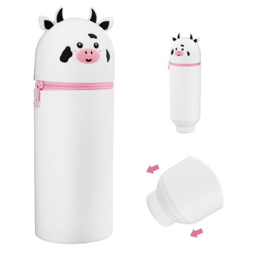 YUEIODDKL Kawaii Federmäppchen Weiche Silikontasche, Stand Up Stitch Federmäppchen Mädchen 2 in 1 Schlampermäppchen Teleskopisch Mäppchen Cartoon Bleistifthalter für Mädchen und Jungen (Milchkuh) von YUEIODDKL