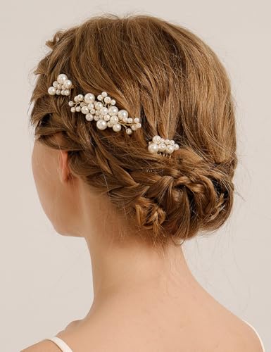 YUEKISEN 3 x Perlen-Braut-Hochzeits-Haarkamm, goldfarben, Perlen-Haarkamm, schlichtes Perlen-Haarteil, elegantes Haar-Accessoire für Frauen, Braut-Kopfschmuck von YUEKISEN