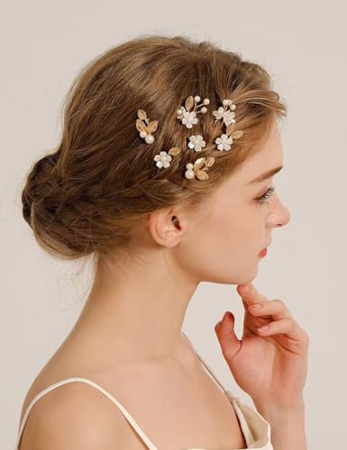 YUEKISEN Haarnadeln für Braut, Blume, Hochzeit, Gold/Silber, Blatt-Kopfschmuck, Blumen-Haarschmuck für Damen, weiße Blumen-Haarnadeln (Gold) von YUEKISEN