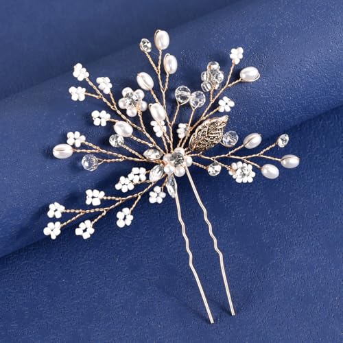 YUEKISEN Zierliche Hochzeits-Haarnadeln mit Perlen und Kristallperlen, Blume, Braut-Haarnadeln, handgefertigtes Strass-Haarteil, glitzerndes Haar-Accessoire für Frauen (Gold) von YUEKISEN