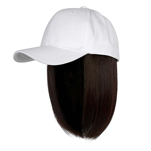 Damenhüte, modische Hüte mit Perücken, Sonnenschir Adjustable Baseball Cap with Hair Extensions,Women's Short Bob Wig Hat(White hat+dark brown) von YUEKOPOU