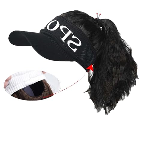 Damenhüte, modische Hüte mit Perücken, Sonnenschir Women’s Baseball Cap Wig for Long Curly Hair - Sun Hat with Duck Tongue Design(Black Hat - Black) von YUEKOPOU