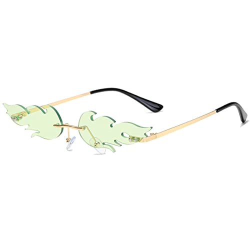 YUELUQU Feuer Flamme Sonnenbrille für Frauen Rimless Party Nette Abschlussball Halloween Gläser Mode Welle Rimless Gläser Für Frauen Männer... (Grün) von YUELUQU