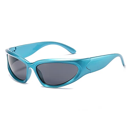 YUELUQU Futuristisch Sonnenbrillen Fahrradbrille für damen herren Y2K Sportbrille UV400 Schutz party brille rennrad brille (Blau(R)-Grau(L)) von YUELUQU