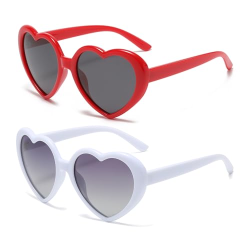 YUELUQU Herz Sonnenbrille Damen Herren Polarisierte 90er Vintage Festival accessoires Party brille (Rot+ Weiß) von YUELUQU