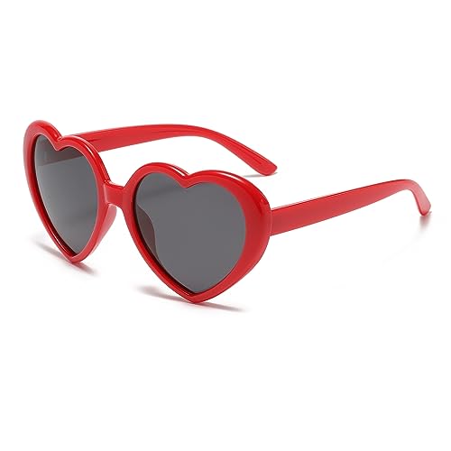 YUELUQU Herz Sonnenbrille Damen Herren Polarisierte 90er Vintage Festival accessoires Party brille (Rot-grau) von YUELUQU