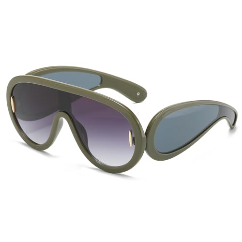 YUELUQU Mode Rave Sonnenbrille für Frauen Männer übergroße futuristische Schild Welle Maske Sonnenbrille Designer Stil (Grün/Grau) von YUELUQU