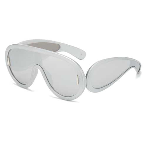 YUELUQU Mode Rave Sonnenbrille für Frauen Männer übergroße futuristische Schild Welle Maske Sonnenbrille Designer Stil (Silber/Silber) von YUELUQU