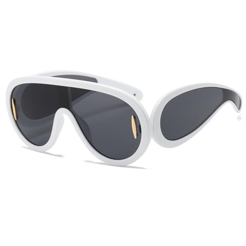 YUELUQU Mode Rave Sonnenbrille für Frauen Männer übergroße futuristische Schild Welle Maske Sonnenbrille Designer Stil (Weiß/grau) von YUELUQU