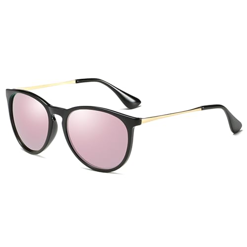 YUELUQU Polarisiert Retro Runde Sonnenbrillen Damen Herren UV400 Schutz Ultraleicht Rahmen (Schwarz/rosa) von YUELUQU