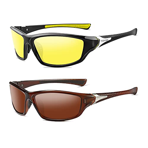 YUELUQU Polarisierte Sportbrille Sonnenbrille für Herren Damen Fahrerbrille Radsportbrillen Skifahren Autofahren Fischen Laufen Wandern UV400 Schutz (Braun+Schwarz Gelb) von YUELUQU