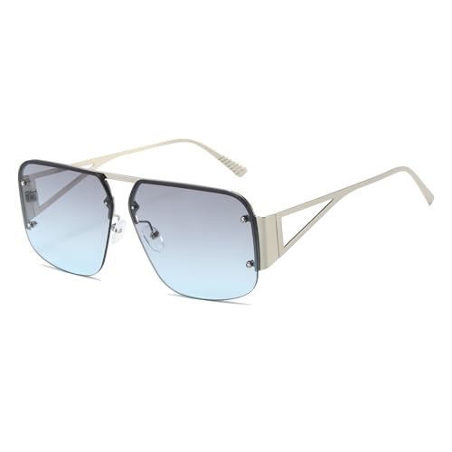 YUELUQU Retro Pilotenbrille Herren Damen Metall Halbrahmen Trendy übergroße quadratische Sonnenbrille (Silber/Blau) von YUELUQU