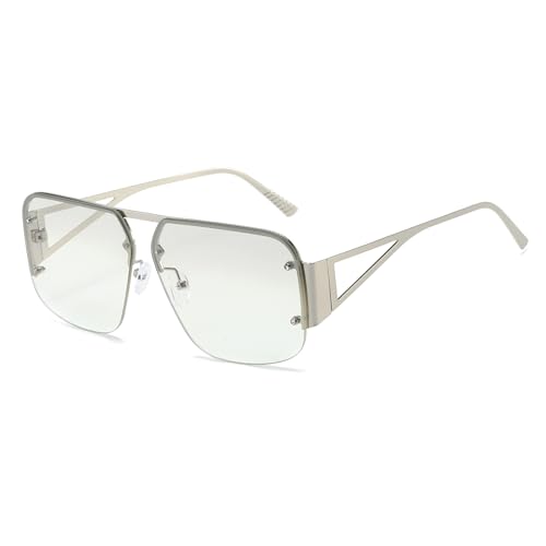 YUELUQU Retro Pilotenbrille Herren Damen Metall Halbrahmen Trendy übergroße quadratische Sonnenbrille (Silber/transparent) von YUELUQU