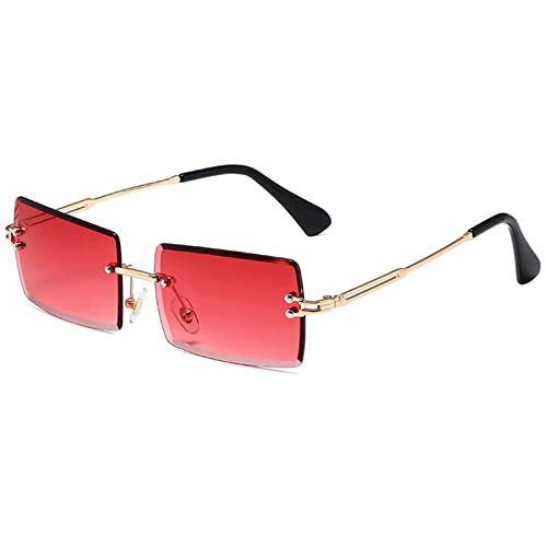 YUELUQU Retro Rahmenlose Sonnenbrille für Damen Herren Mode Retro Rechteck Brille Quadratische durchsichtige Sonnenbrille (A-Gold/rot) von YUELUQU