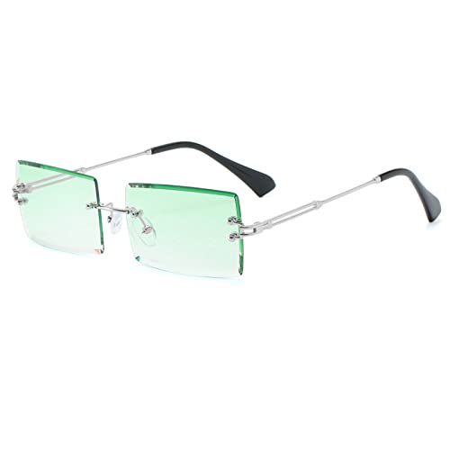 YUELUQU Retro Rahmenlose Sonnenbrille für Damen Herren Mode Retro Rechteck Brille Quadratische durchsichtige Sonnenbrille (A-Silber/grün) von YUELUQU